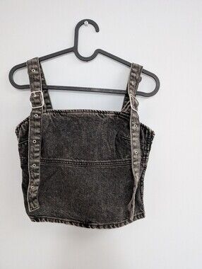 Zara Washed Black Denim Adjustable-Strap Crop Top